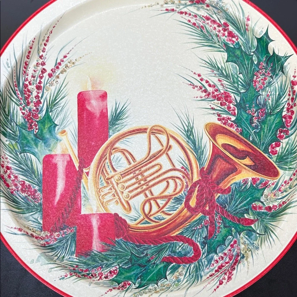 Vtg 90's Prettique Joyeux Noel Christmas Metal Round Tray Candles‎ French Horn